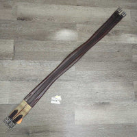 Narrow Padded Leather Girth, 1x els, roller buckles *vgc, older, clean, puckered els, stains, marker, mnr cuts, scuffs mnr dirt, hair
