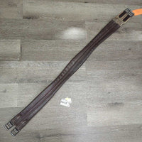 Narrow Padded Leather Girth, 1x els, roller buckles *vgc, older, clean, puckered els, stains, marker, mnr cuts, scuffs mnr dirt, hair
