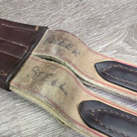 Narrow Padded Leather Girth, 1x els, roller buckles *vgc, older, clean, puckered els, stains, marker, mnr cuts, scuffs mnr dirt, hair

