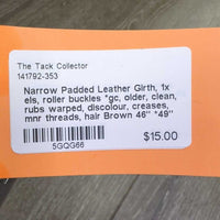 Narrow Padded Leather Girth, 1x els, roller buckles *gc, older, clean, rubs warped, discolour, creases, mnr threads, hair
