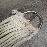 17 Strand String Cinch, d rings *fair, hairy, residue, stained, dingy, pilly, rubbed, loose knotted thread, dirt
