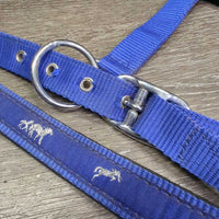 Stiff Padded Nylon Halter, adj, snap *gc, clean, BROKEN Side, peeling, cracking, rubs, stains
