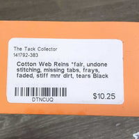 Cotton Web Reins *fair, undone stitching, missing tabs, frays, faded, stiff mnr dirt, tears
