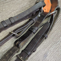 Flat Wide Thick Adjustable Breastplate, 3x Hvy Snaps *gc, older, dry, creases, stiff, bent, xholes, mnr dirt, scrapes

