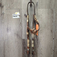 Leather & Rawhide Headstall, 3 conchos *gc/fair, stains, dirty, NO Throat, missing hair, loose knot, dry, stiff
