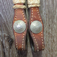 Leather & Rawhide Headstall, 3 conchos *gc/fair, stains, dirty, NO Throat, missing hair, loose knot, dry, stiff
