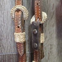 Leather & Rawhide Headstall, 3 conchos *gc/fair, stains, dirty, NO Throat, missing hair, loose knot, dry, stiff
