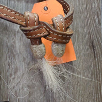Leather & Rawhide Headstall, 3 conchos *gc/fair, stains, dirty, NO Throat, missing hair, loose knot, dry, stiff
