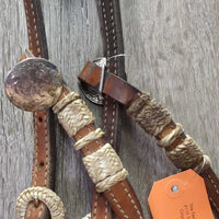 Leather & Rawhide Headstall, 3 conchos *gc/fair, stains, dirty, NO Throat, missing hair, loose knot, dry, stiff

