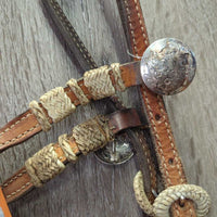 Leather & Rawhide Headstall, 3 conchos *gc/fair, stains, dirty, NO Throat, missing hair, loose knot, dry, stiff
