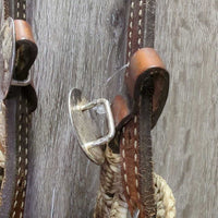 Leather & Rawhide Headstall, 3 conchos *gc/fair, stains, dirty, NO Throat, missing hair, loose knot, dry, stiff

