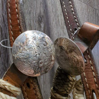 Leather & Rawhide Headstall, 3 conchos *gc/fair, stains, dirty, NO Throat, missing hair, loose knot, dry, stiff
