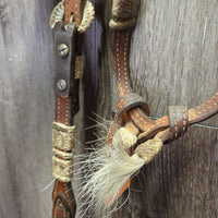 Leather & Rawhide Headstall, 3 conchos *gc/fair, stains, dirty, NO Throat, missing hair, loose knot, dry, stiff
