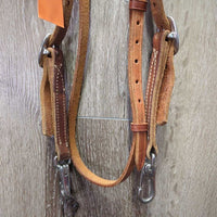 Thick Tooled Leather Headstall, Snaps *vgc/gc, clean, rubs, scrapes, dents & stains, No Browband Keeper
