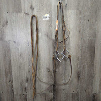 One Ear Headstall, Thin Light Split Reins, D ring Bit *gc/fair, dry, rubs, cracks, twists, peeled, dirt
