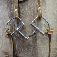 One Ear Headstall, Thin Light Split Reins, D ring Bit *gc/fair, dry, rubs, cracks, twists, peeled, dirt

