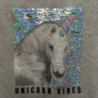 Here/There JUNIORS SS Shirt "Unicorn Vibes" *gc, stains, pits, rubs
