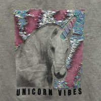 Here/There JUNIORS SS Shirt "Unicorn Vibes" *gc, stains, pits, rubs
