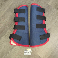 Front & Hind Fleece Lined Shipping Boots, rings & velcro *gc, older, hairy, clean, edges: rubs, frays, holes & snags, rusty
