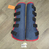 Front & Hind Fleece Lined Shipping Boots, rings & velcro *gc, older, hairy, clean, edges: rubs, frays, holes & snags, rusty
