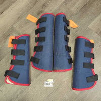 Front & Hind Fleece Lined Shipping Boots, rings & velcro *gc, older, hairy, clean, edges: rubs, frays, holes & snags, rusty
