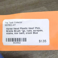 Horse Head Plastic Hoof Pick, Bristle Brush *gc, rubs, scrapes, stains, mnr bent, crack
