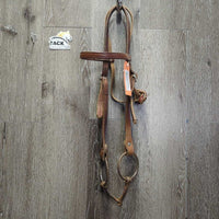Headstall, Leather Tie Throat, Loose Ring Bit *gc/fair, dry, dirty, stiff, rusty, rubs, scrapes, older
