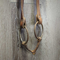 Headstall, Leather Tie Throat, Loose Ring Bit *gc/fair, dry, dirty, stiff, rusty, rubs, scrapes, older
