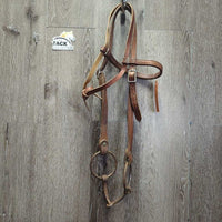 Headstall, Leather Tie Throat, Loose Ring Bit *gc/fair, dry, dirty, stiff, rusty, rubs, scrapes, older
