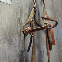 Headstall, Leather Tie Throat, Loose Ring Bit *gc/fair, dry, dirty, stiff, rusty, rubs, scrapes, older
