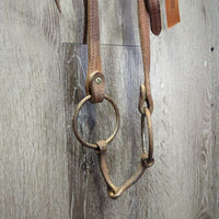 Headstall, Leather Tie Throat, Loose Ring Bit *gc/fair, dry, dirty, stiff, rusty, rubs, scrapes, older
