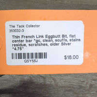 Thin French Link Eggbutt Bit, flat center bar *gc, clean, scuffs, stains, residue, scratches, older
