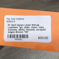 Pr Soft Nylon Lined Stirrup Leathers *gc, older, clean, rubs, creases, dents, threads, scraped edges
