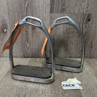 Pr Hvy Angled Stirrup Irons, rubber grips *vgc, clean, residue, scuffs, cuts
