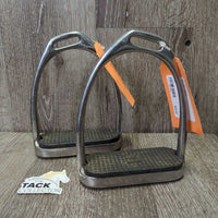 Pr Hvy Angled Stirrup Irons, rubber grips *vgc, clean, residue, scuffs, cuts
