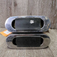 Pr Hvy Angled Stirrup Irons, rubber grips *vgc, clean, residue, scuffs, cuts
