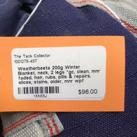 200g Winter Blanket, neck, 2 legs *gc, clean, mnr faded, hair, rubs, pills & repairs, slices, stains, older, mnr wpf
