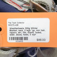 300g Winter Blanket, neck, 2 legs *gc, mnr hair, repairs, dirt, film, stains, faded, older, slices, holes, 0 wpf
