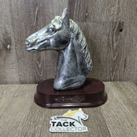Resin Horse Head Statue, Wood Base *vgc, mnr hair, dust, sticky (nameplate) residue, older?
