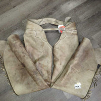 Vintage v.Thick Hvy Full Smooth Western Chaps, Leather Laces *gc/fair, BROKEN Zips, stains, rubs, twisted fringe, stiff, dry, Canvas/Storage smell
