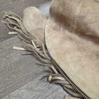 Vintage v.Thick Hvy Full Smooth Western Chaps, Leather Laces *gc/fair, BROKEN Zips, stains, rubs, twisted fringe, stiff, dry, Canvas/Storage smell
