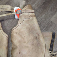 Vintage v.Thick Hvy Full Smooth Western Chaps, Leather Laces *gc/fair, BROKEN Zips, stains, rubs, twisted fringe, stiff, dry, Canvas/Storage smell

