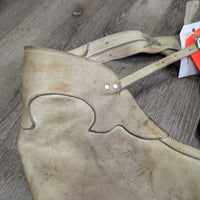 Vintage v.Thick Hvy Full Smooth Western Chaps, Leather Laces *gc/fair, BROKEN Zips, stains, rubs, twisted fringe, stiff, dry, Canvas/Storage smell
