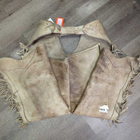 Vintage v.Thick Hvy Full Smooth Western Chaps, Leather Laces *gc/fair, BROKEN Zips, stains, rubs, twisted fringe, stiff, dry, Canvas/Storage smell

