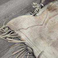 Vintage v.Thick Hvy Full Smooth Western Chaps, Leather Laces *gc/fair, BROKEN Zips, stains, rubs, twisted fringe, stiff, dry, Canvas/Storage smell
