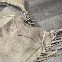 Vintage v.Thick Hvy Full Smooth Western Chaps, Leather Laces *gc/fair, BROKEN Zips, stains, rubs, twisted fringe, stiff, dry, Canvas/Storage smell
