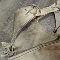 Vintage v.Thick Hvy Full Smooth Western Chaps, Leather Laces *gc/fair, BROKEN Zips, stains, rubs, twisted fringe, stiff, dry, Canvas/Storage smell
