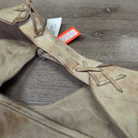 Vintage v.Thick Hvy Full Smooth Western Chaps, Leather Laces *gc/fair, BROKEN Zips, stains, rubs, twisted fringe, stiff, dry, Canvas/Storage smell

