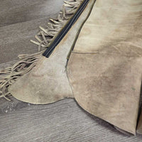 Vintage v.Thick Hvy Full Smooth Western Chaps, Leather Laces *gc/fair, BROKEN Zips, stains, rubs, twisted fringe, stiff, dry, Canvas/Storage smell
