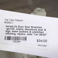 Euro Seat Breeches *gc/fair, stains, discolored seat & legs, seam puckers & unstiched stitching, repairs, older
